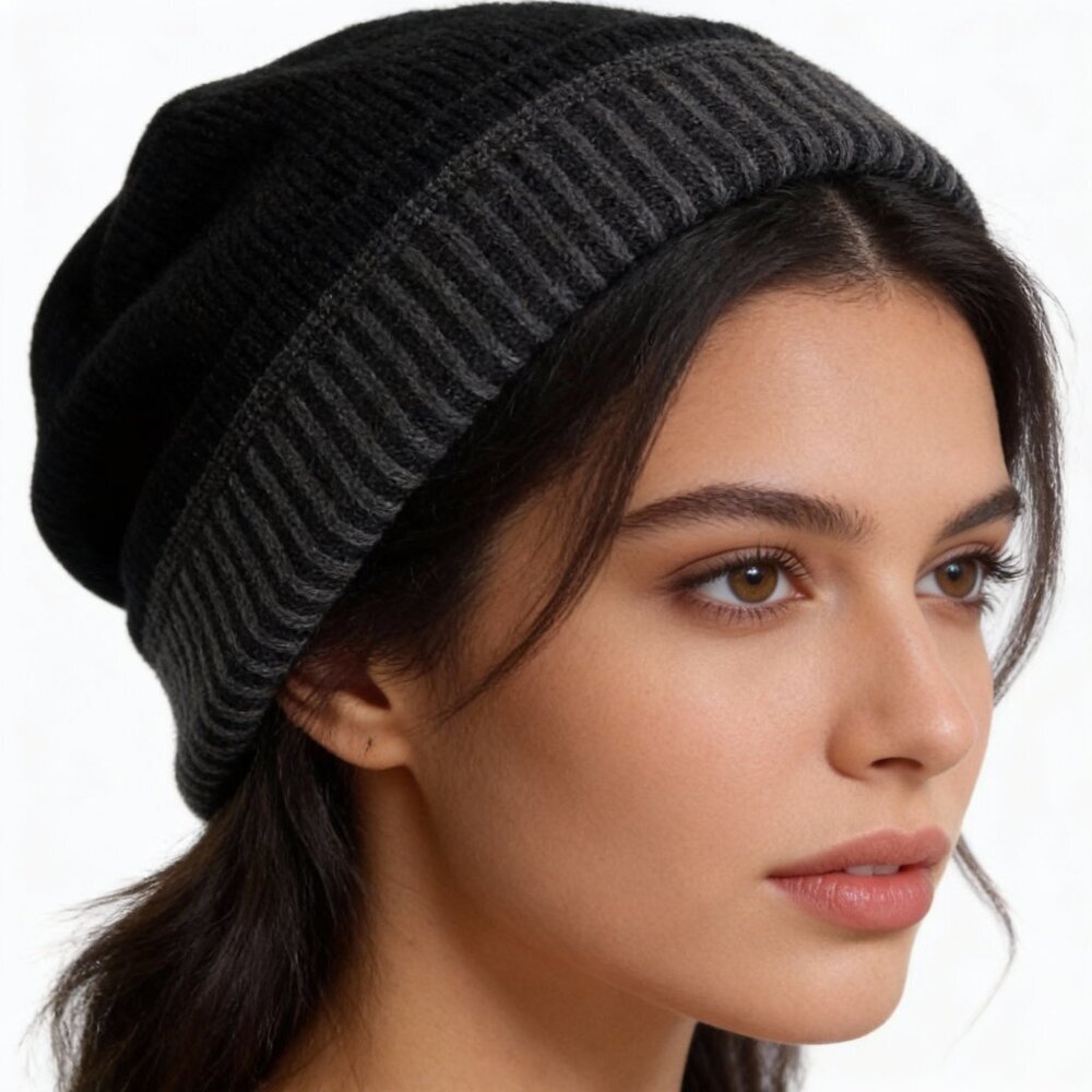 Black Faux Fur Lined Knit Skull Hat